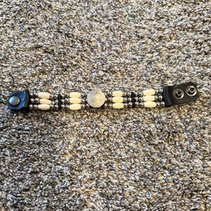 Black and White Beaded Bracelet w/ Leather snap